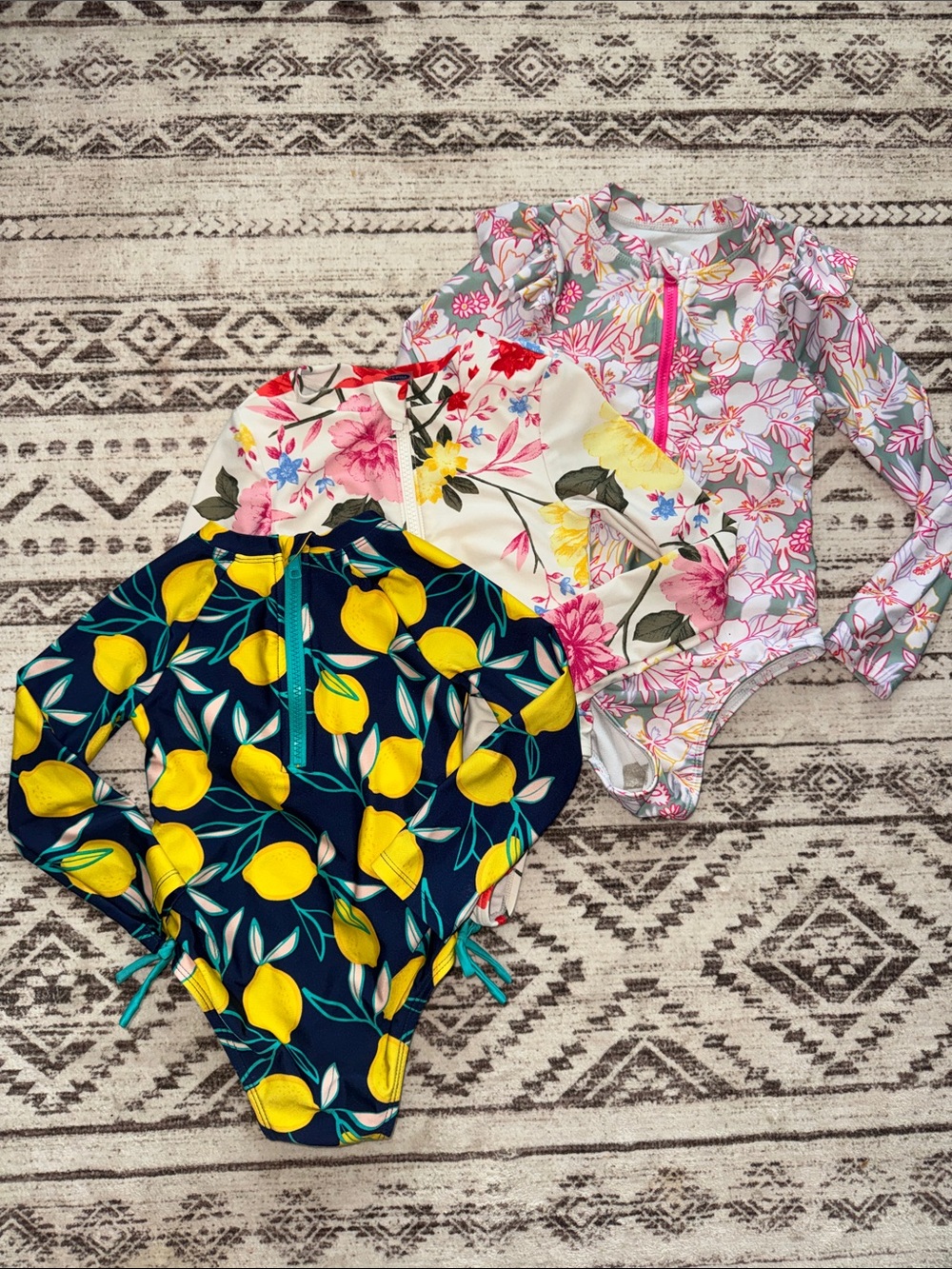 3pc Girls Long Sleeve Swimsuit Duo - Bright Yellow & Pastel Florals